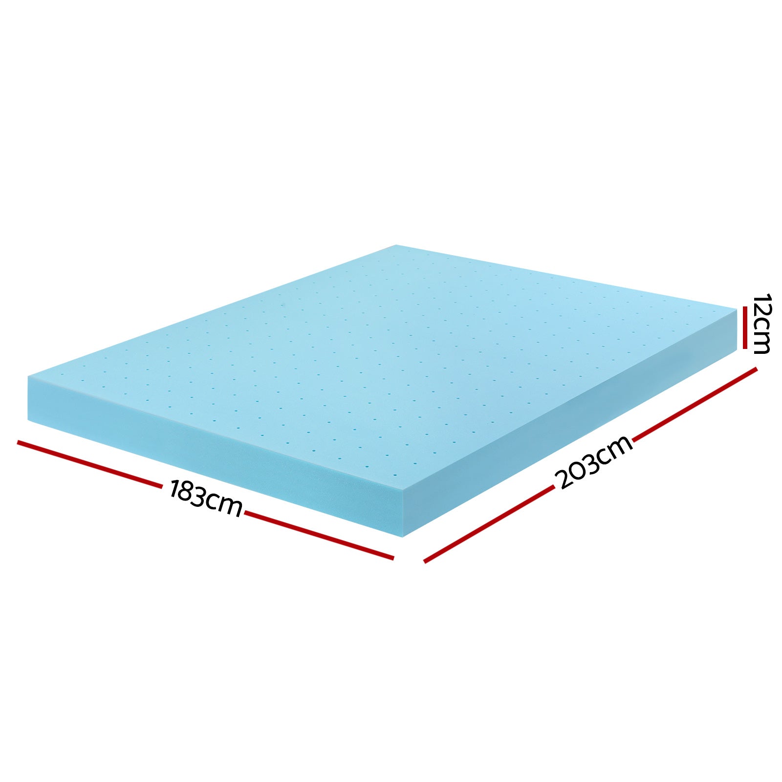 12cm Memory Foam Mattress Topper Ventilated Cool Gel Bamboo Cover King showing dimensions 183cm by 203cm by 12cm in blue foam