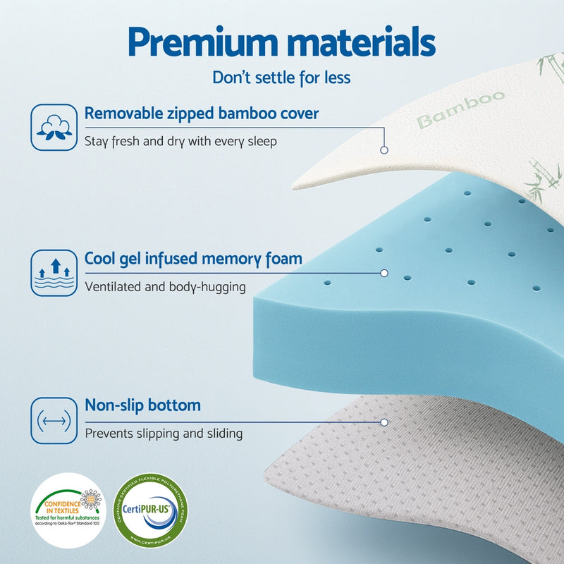 Layered view of 12cm Memory Foam Mattress Topper Ventilated Cool Gel Bamboo Cover King Single showing bamboo cover, gel memory foam, and non-slip bottom