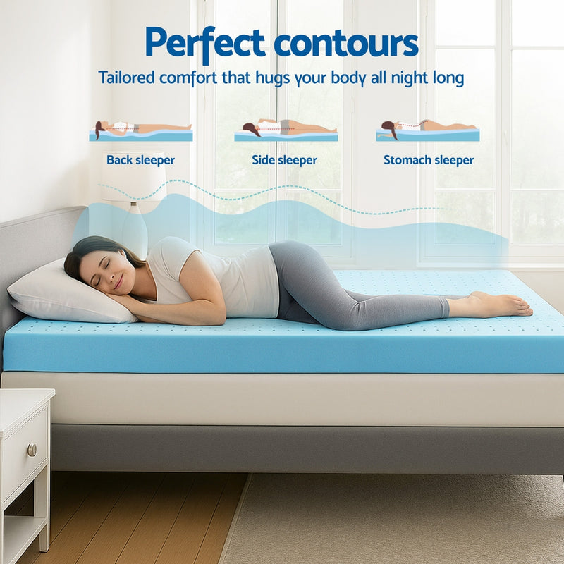 Woman sleeping on bed with 12cm Memory Foam Mattress Topper Ventilated Cool Gel Bamboo Cover Queen showing contour support for all sleeping positions