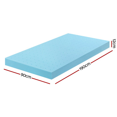 12cm Memory Foam Mattress Topper Ventilated Cool Gel Bamboo Cover Single shown with dimensions 190cm by 90cm by 12cm in blue foam