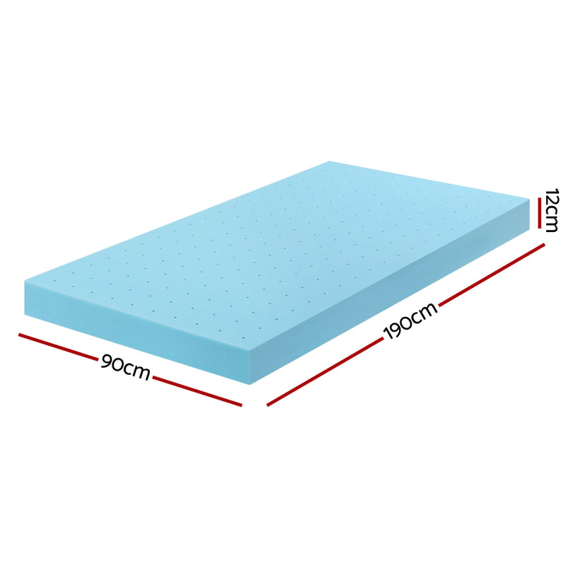 12cm Memory Foam Mattress Topper Ventilated Cool Gel Bamboo Cover Single shown with dimensions 190cm by 90cm by 12cm in blue foam