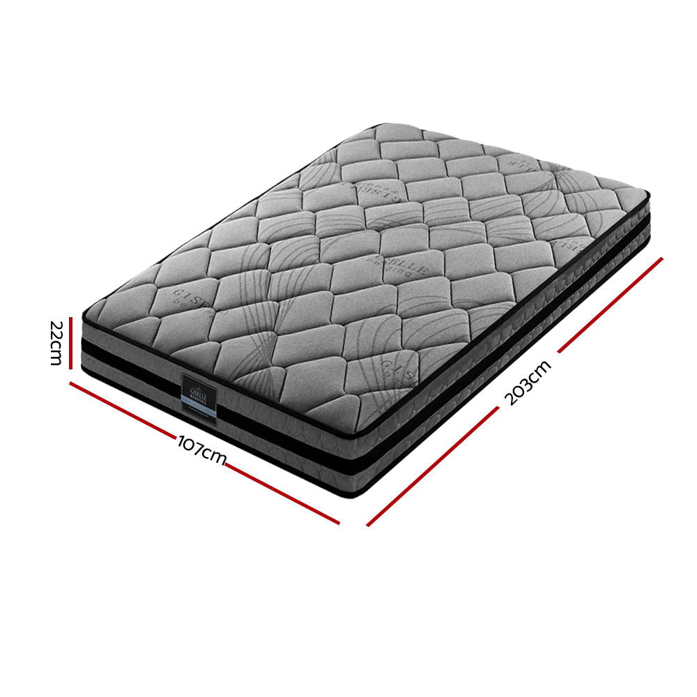 Wendell Pocket Spring Mattress 22cm Thick - King Single with quilted top and medium firm support, shown with dimensions.