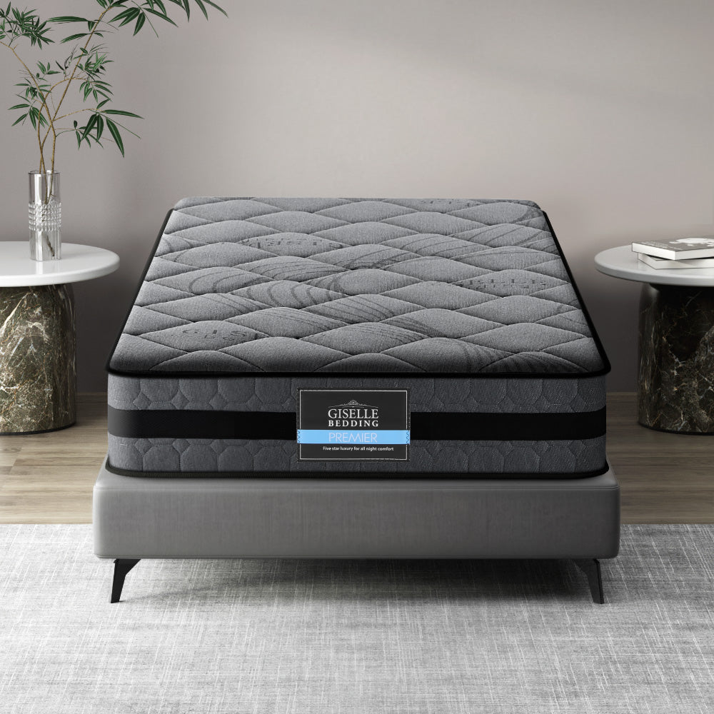 Wendell Pocket Spring Mattress 22cm Thick - King Single in gray with quilted top on gray bed frame in modern bedroom setting