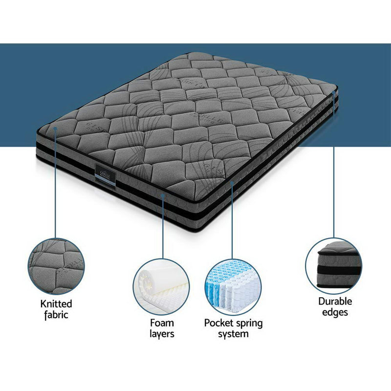 Wendell Pocket Spring Mattress 22cm Thick - Queen with knitted fabric, foam layers, pocket springs, and durable edges.