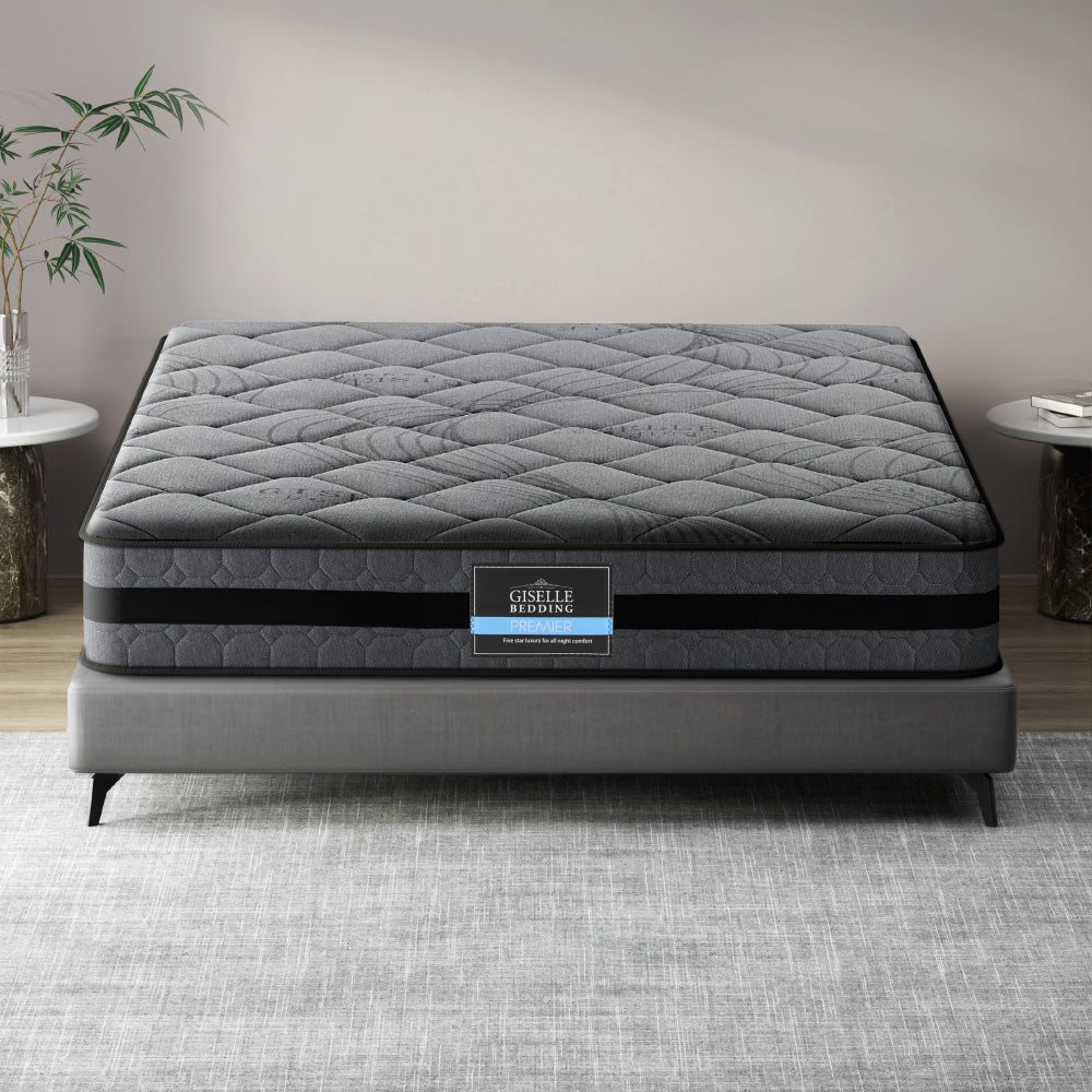 Wendell Pocket Spring Mattress 22cm Thick - Queen in gray with quilted top resting on modern gray bed frame in bedroom setting
