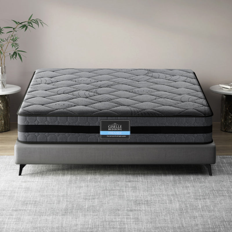 Wendell Pocket Spring Mattress 22cm Thick - Queen in gray with quilted top resting on modern gray bed frame in bedroom setting