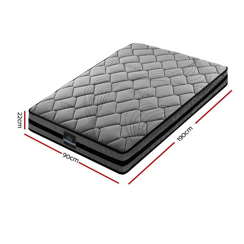 Wendell Pocket Spring Mattress 22cm Thick - Single in gray quilted fabric, showing 22cm thickness with black side panels and label