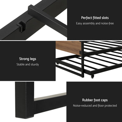 Close-up of Trundle Single Bed Frame showing fitted slots, strong legs, rubber foot caps, black metal and wood accents