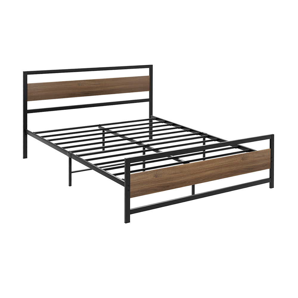 Industrial Style Double Metal Bed Frame Wood & Black with slatted base and wooden panels, modern bedroom furniture by Bedzy