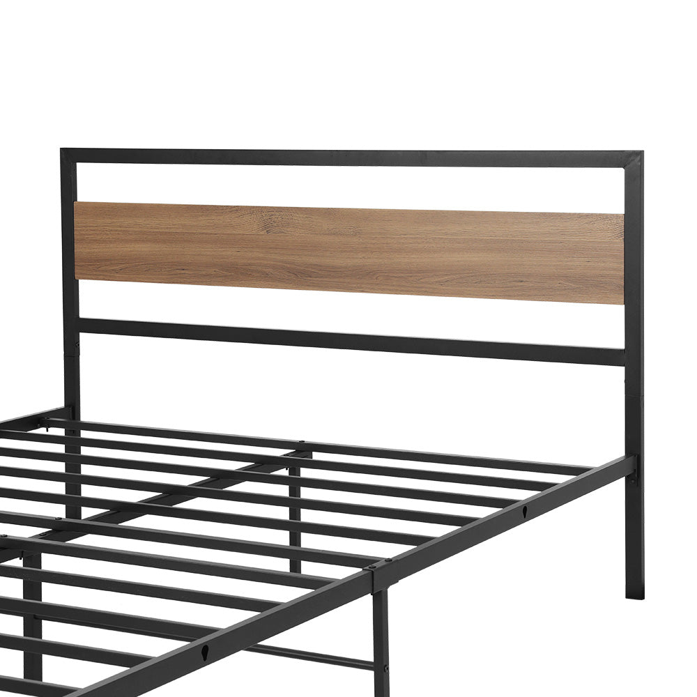 Industrial Style Double Metal Bed Frame Wood & Black with wooden headboard panel and black metal slats for bedroom furniture