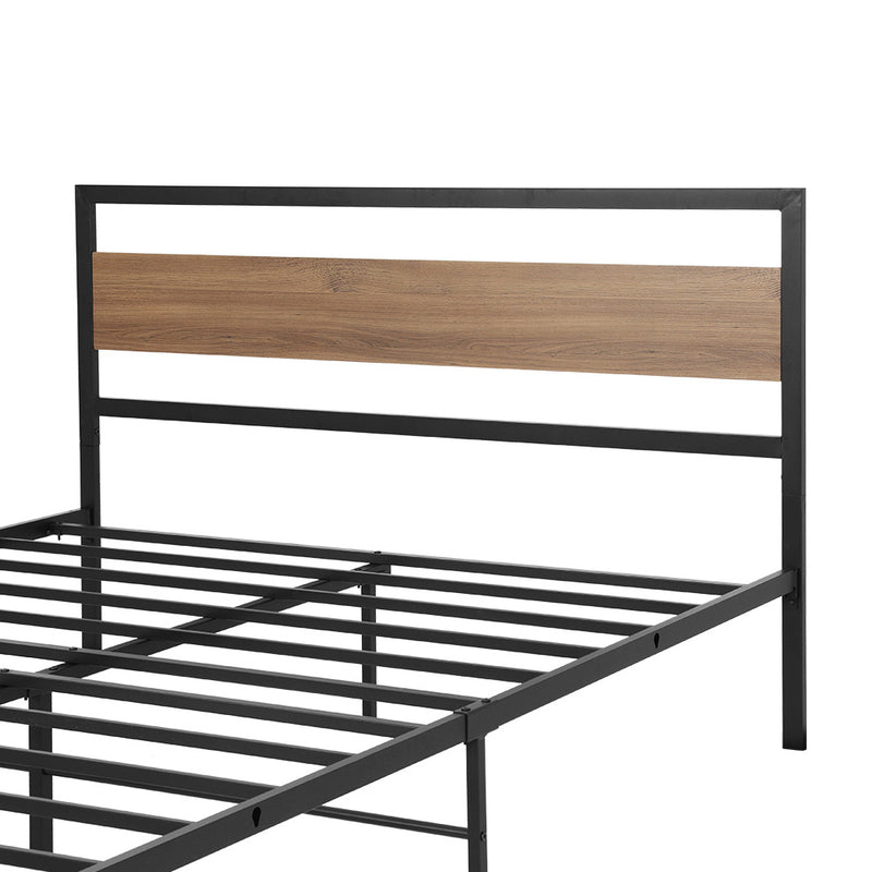 Industrial Style Double Metal Bed Frame Wood & Black with wooden headboard panel and black metal slats for bedroom furniture