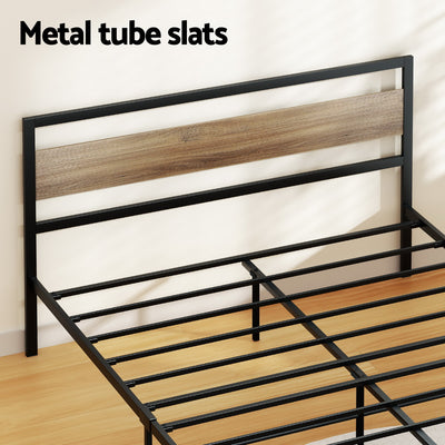 Industrial Style Double Metal Bed Frame Wood & Black with metal tube slats and wooden accent headboard on wood floor