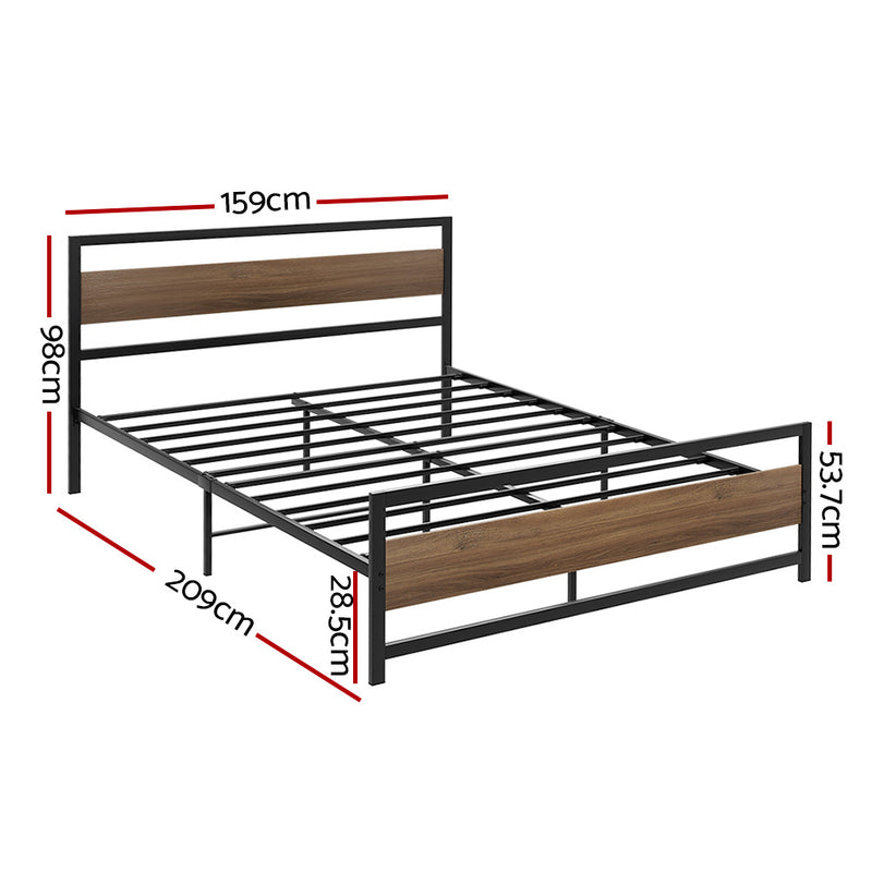 Industrial Style Queen Metal Bed Frame Wood & Black with metal slats and wood accents, showing dimensions in centimeters