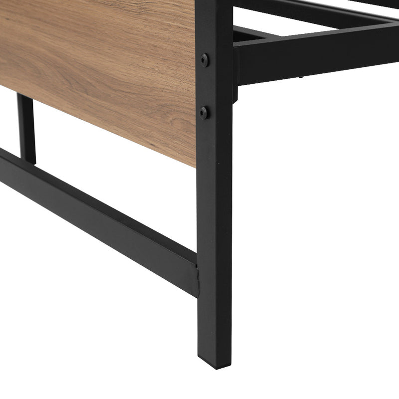 Close-up view of Industrial Style Queen Metal Bed Frame Wood & Black showing black metal leg and wood panel detail