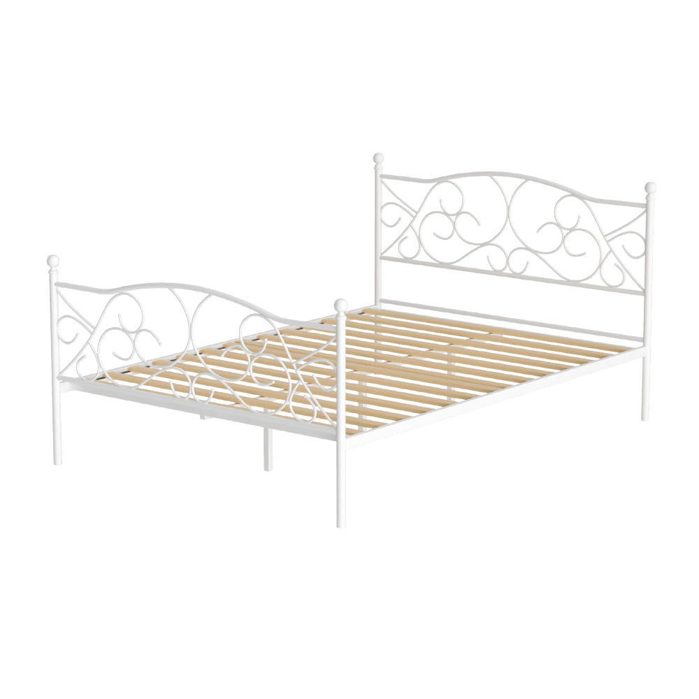 Provincial Style Double Bed Frame White with decorative metal headboard and footboard, wooden slats, indoor bedroom furniture