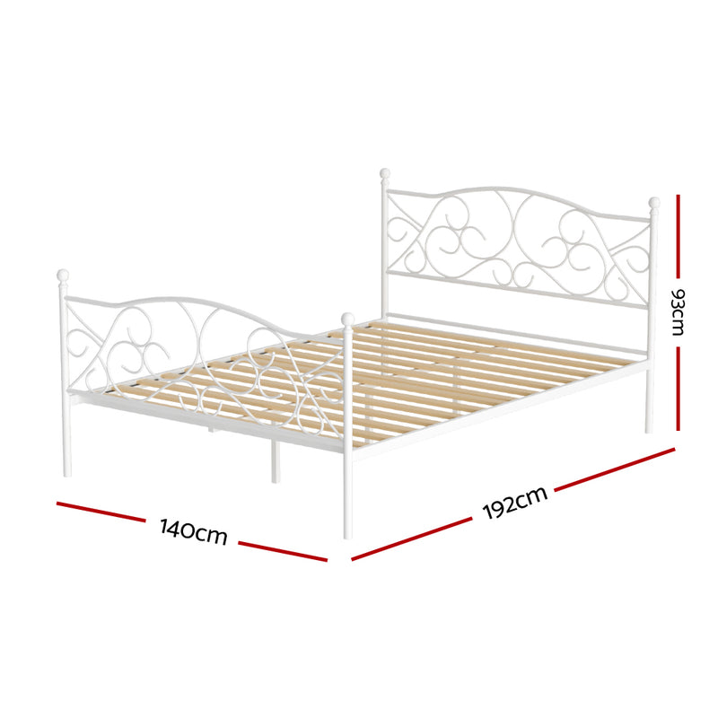 Provincial Style Double Bed Frame White with decorative metal headboard and footboard, wooden slats, and white powder-coated finish