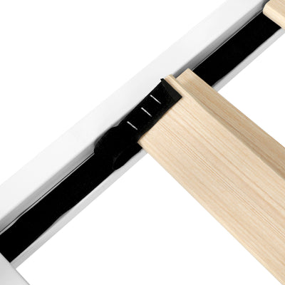 Close-up of wooden slats and metal frame detail on the Provincial Style Double Bed Frame White by Bedzy