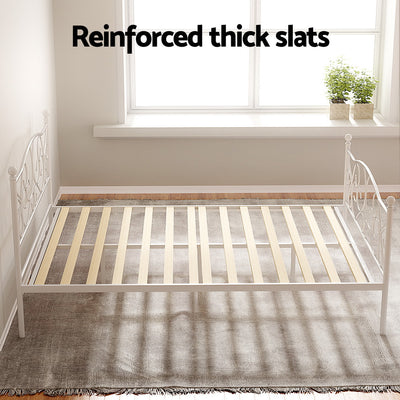 Provincial Style Double Bed Frame White with reinforced thick wooden slats in a bright, minimalist bedroom setting