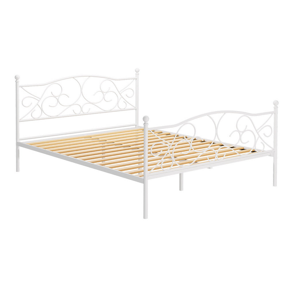 Provincial Style Metal Queen Bed Frame - White with decorative metal headboard and footboard, wooden slats, indoor bedroom furniture by Bedzy