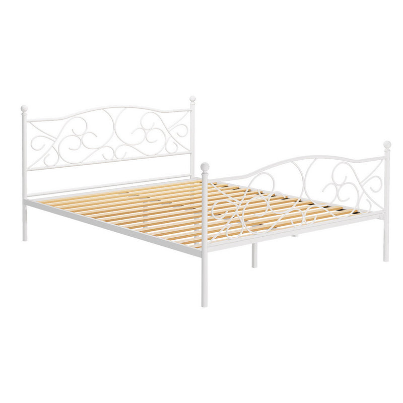 Provincial Style Metal Queen Bed Frame - White with decorative metal headboard and footboard, wooden slats, indoor bedroom furniture by Bedzy