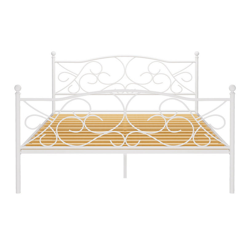 Provincial Style Metal Queen Bed Frame - White with decorative metal scrollwork and wooden slats for bedroom furniture by Bedzy