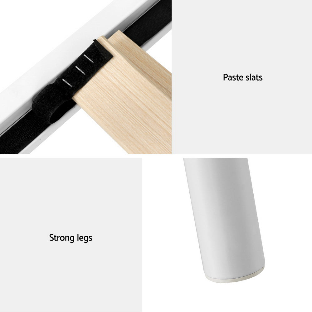 Close-up details of wooden slats, black fastening strap, and white leg on Provincial Style Metal Queen Bed Frame - White