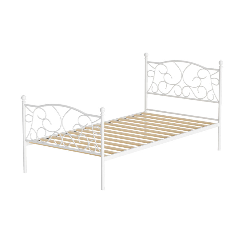 Provincial Style Single Bed Frame White with ornate metal headboard and footboard, wooden slats, ideal for bedroom furniture.