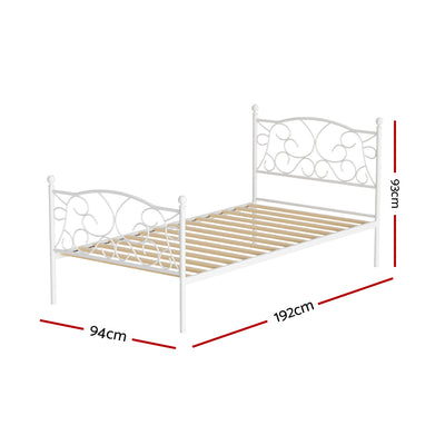 Provincial Style Single Bed Frame White with metal scrollwork head and footboard, wooden slats, and compact dimensions