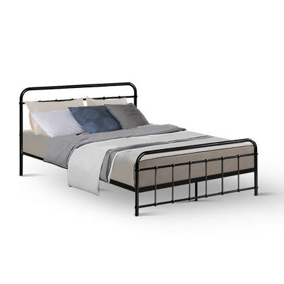 Leo Metal Double Bed Frame Black with simple country-style design, sturdy steel construction, shown with bedding and pillows