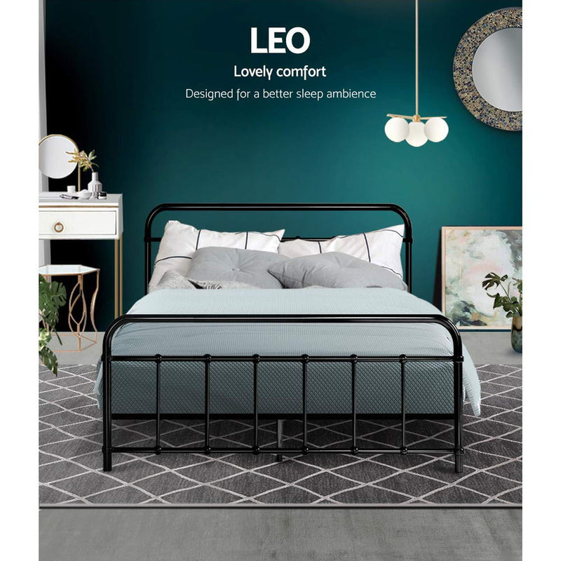 Leo Metal Double Bed Frame Black with simple design in sturdy steel, styled in a modern bedroom setting with decorative accents