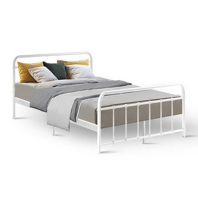 Leo Metal Double Bed Frame White with sturdy steel construction, simple design, and neutral bedding in a bedroom setting