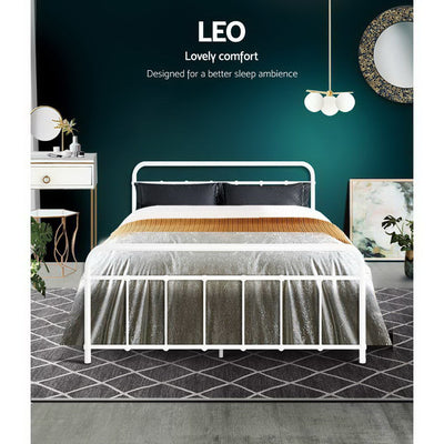 Leo Metal Double Bed Frame White with simple steel design, paired with gray bedding in a stylish bedroom setting