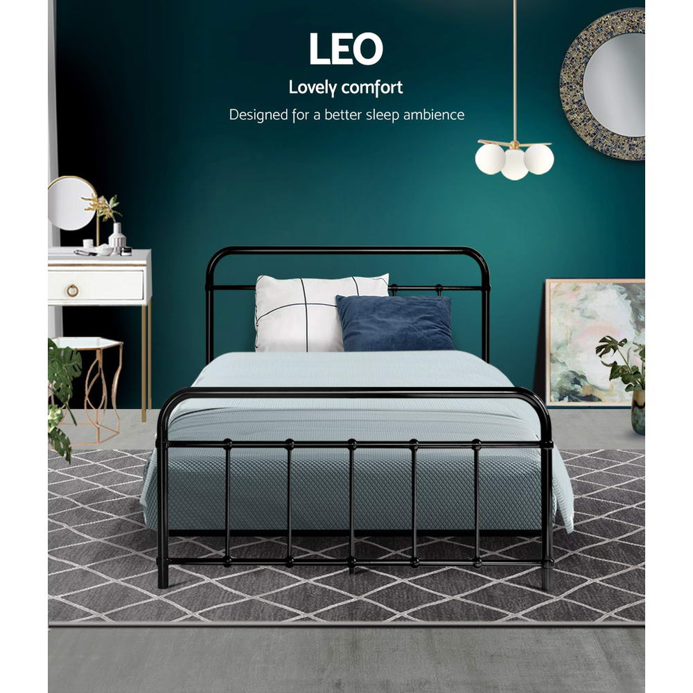Leo Metal King Single Bed Frame Black in black steel with simple headboard and footboard, styled in a bedroom setting