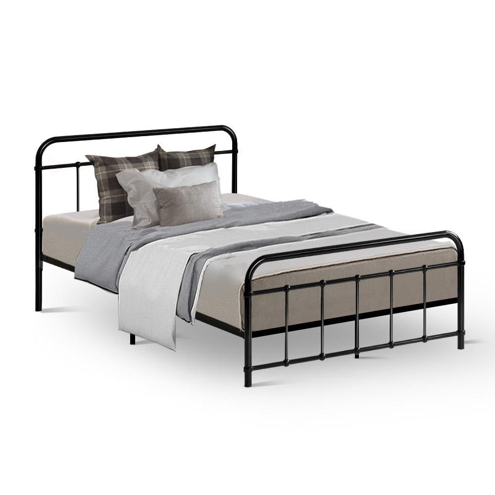 Leo Metal King Single Bed Frame Black with simple sturdy steel construction and minimalistic black finish, styled with grey bedding