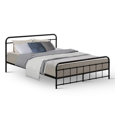Leo Metal Queen Bed Frame Black with sturdy steel construction, simple country-style design, shown dressed with pillows and bedding