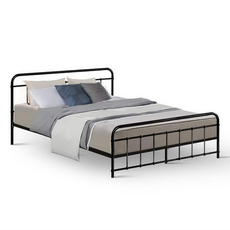 Leo Metal Queen Bed Frame Black with sturdy steel construction, simple country-style design, shown dressed with pillows and bedding