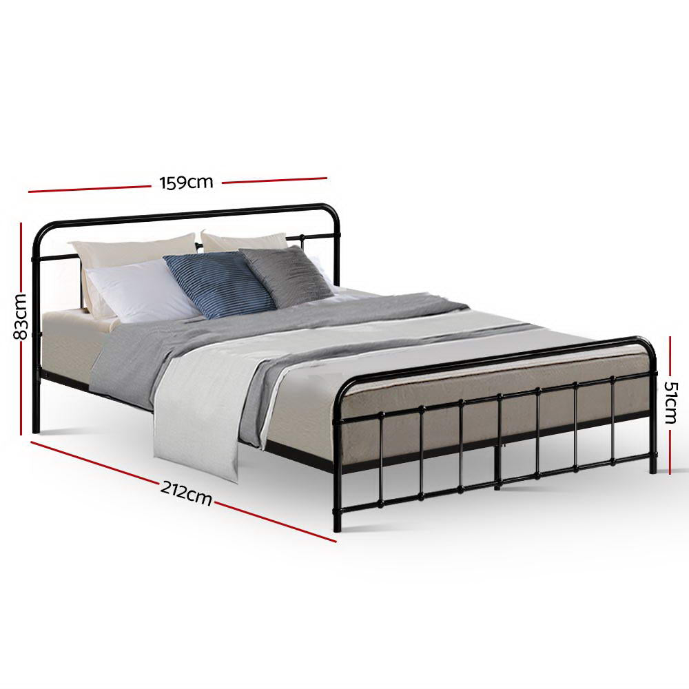 Leo Metal Queen Bed Frame Black with sturdy steel construction and classic black finish shown with bedding and size dimensions.