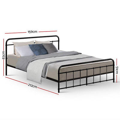 Leo Metal Queen Bed Frame Black with sturdy steel construction and classic black finish shown with bedding and size dimensions.