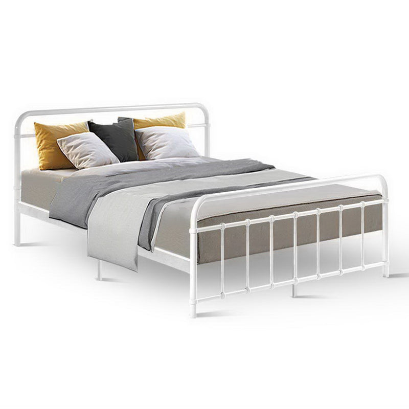Leo Metal Queen Bed Frame White with sturdy steel construction, simple country-style design, and neutral bedding on white background