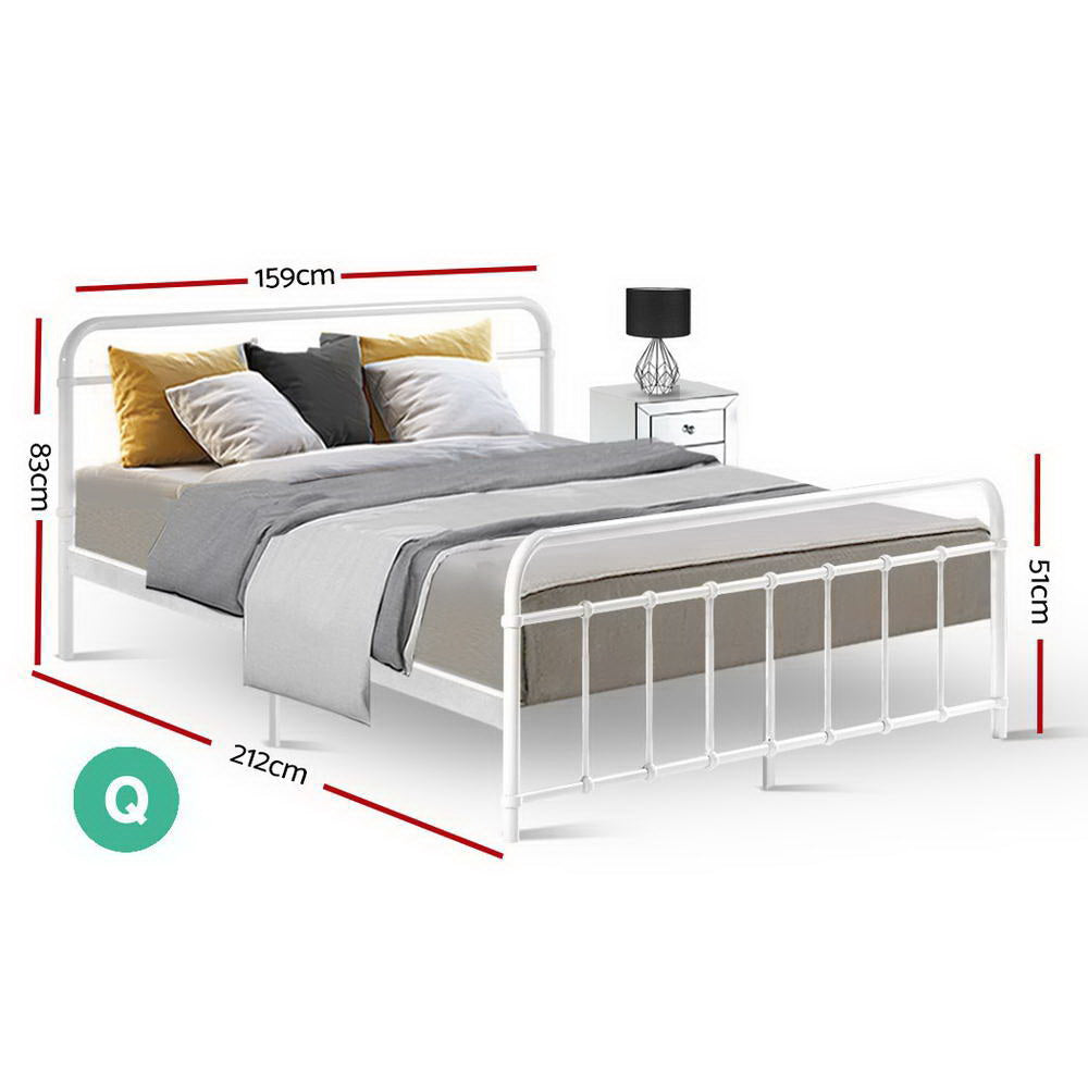 Leo Metal Queen Bed Frame White with steel construction, country-style design, shown with bedding and bedside table.