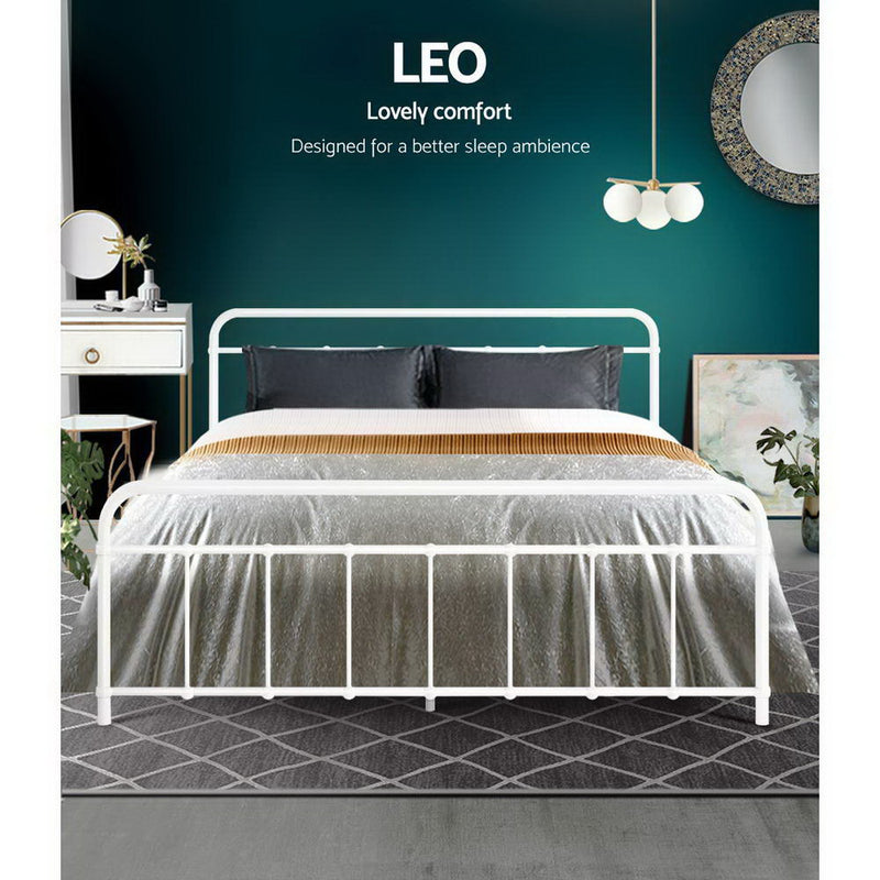 Leo Metal Queen Bed Frame White with sturdy steel construction, simple country-style design in a modern bedroom setting