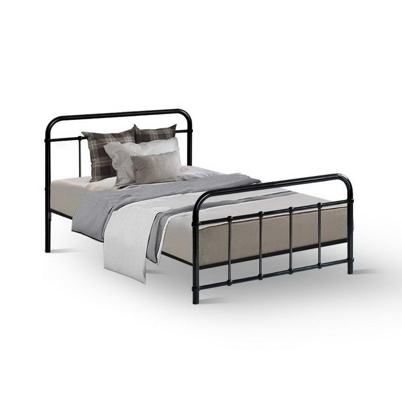 Leo Metal Single Bed Frame Black with sturdy steel construction, simple country design, dressed with pillows and blankets