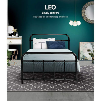 Leo Metal Single Bed Frame Black with simple country-style design, sturdy steel construction, and minimalist black finish in bedroom setting