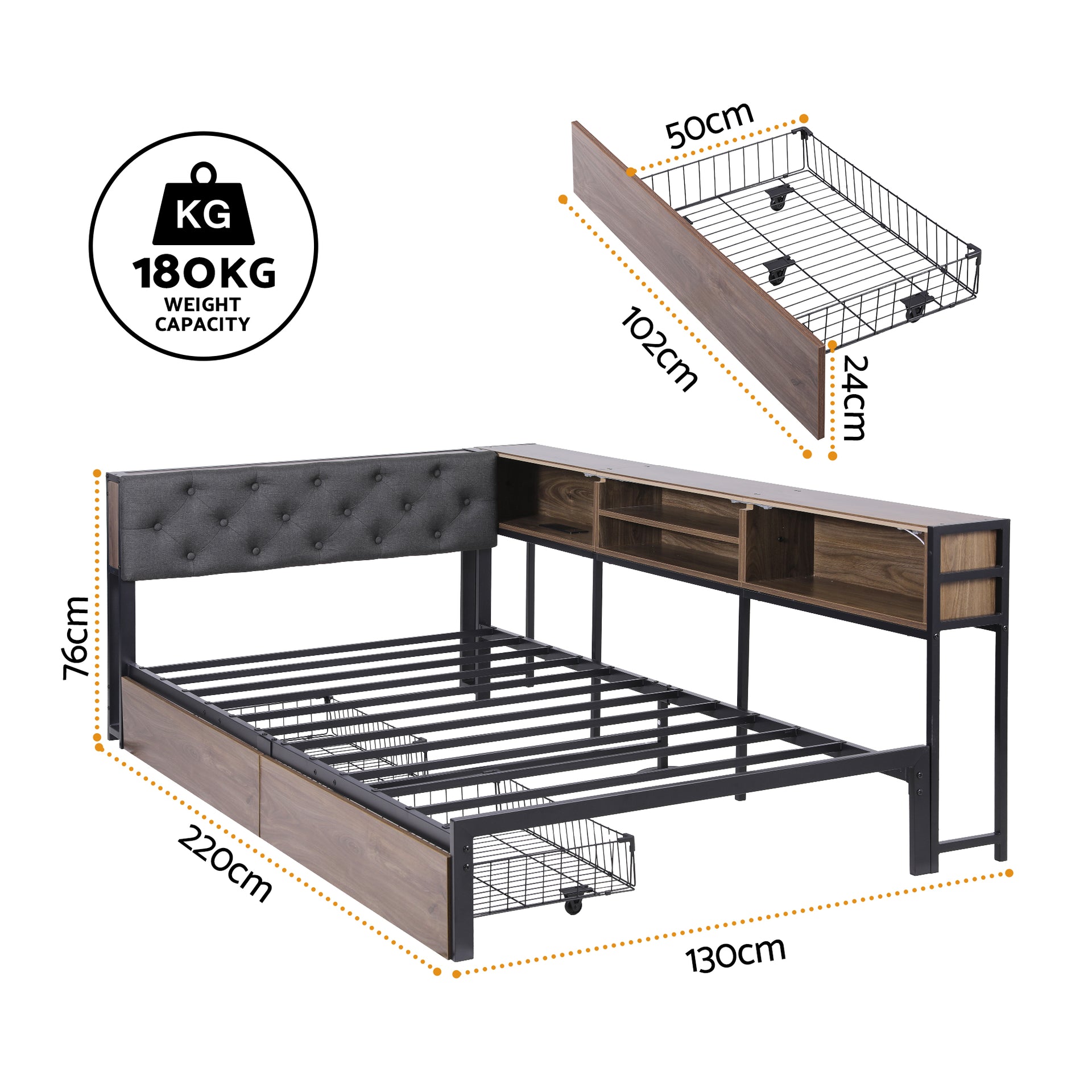 Bed Frame King Single Size with 2 Drawers and Charging Station Metal Corner Bed Base