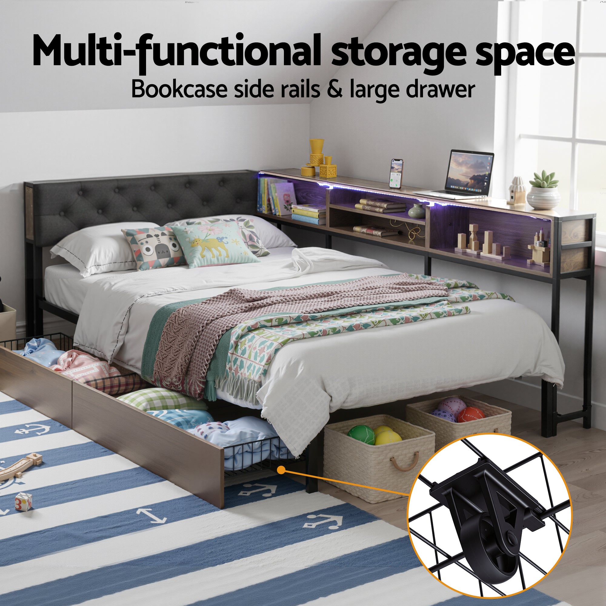 Bed Frame King Single Size with 2 Drawers and Charging Station Metal Corner Bed Base