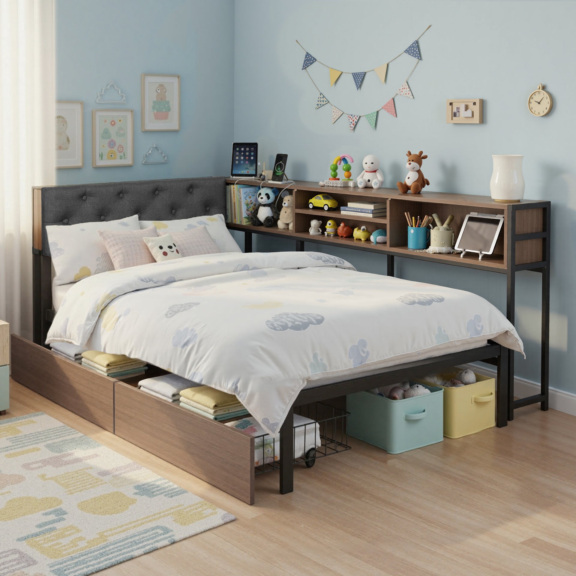 Bed Frame Single Size with 2 Drawers and Charging Station Metal Corner Bed Base