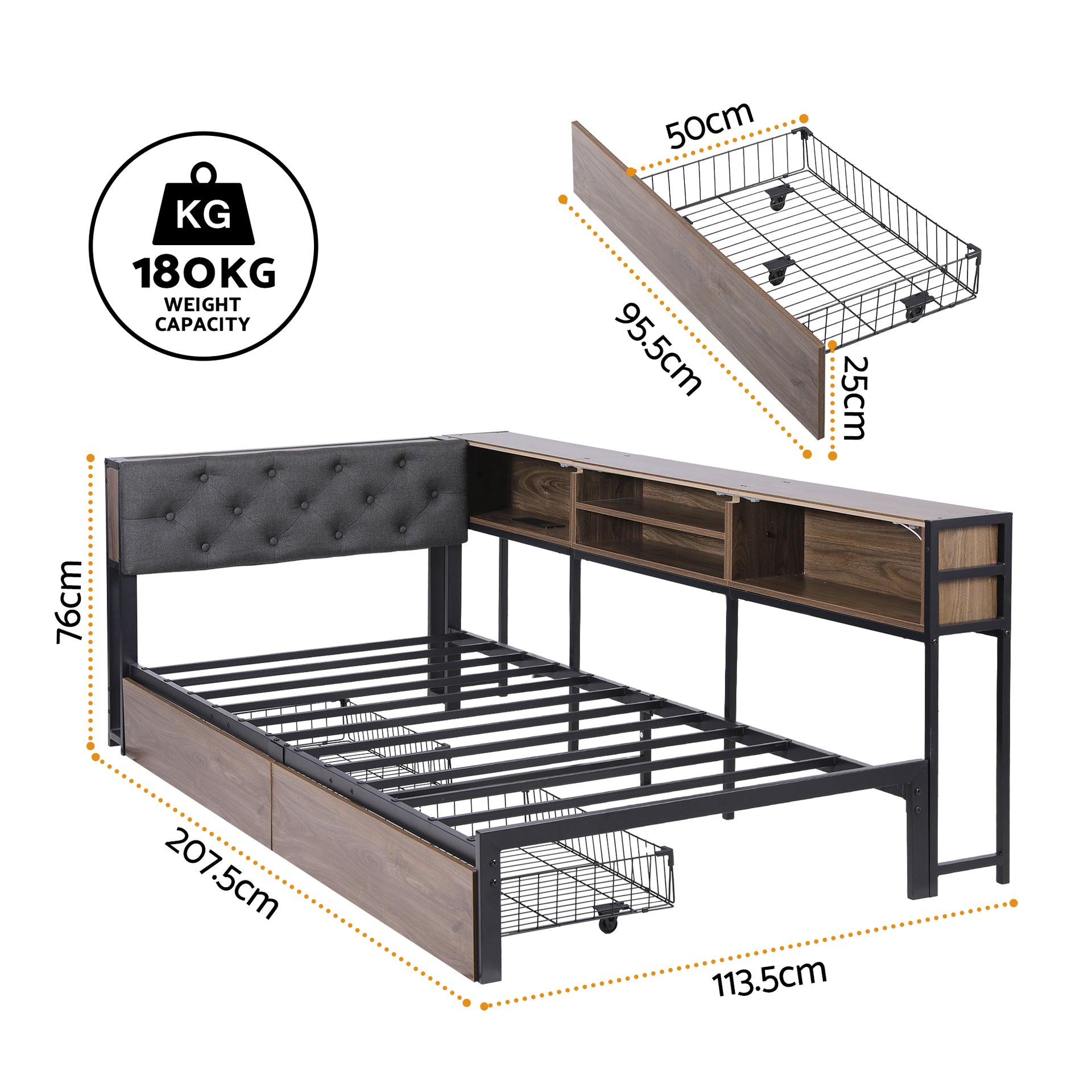 Bed Frame Single Size with 2 Drawers and Charging Station Metal Corner Bed Base
