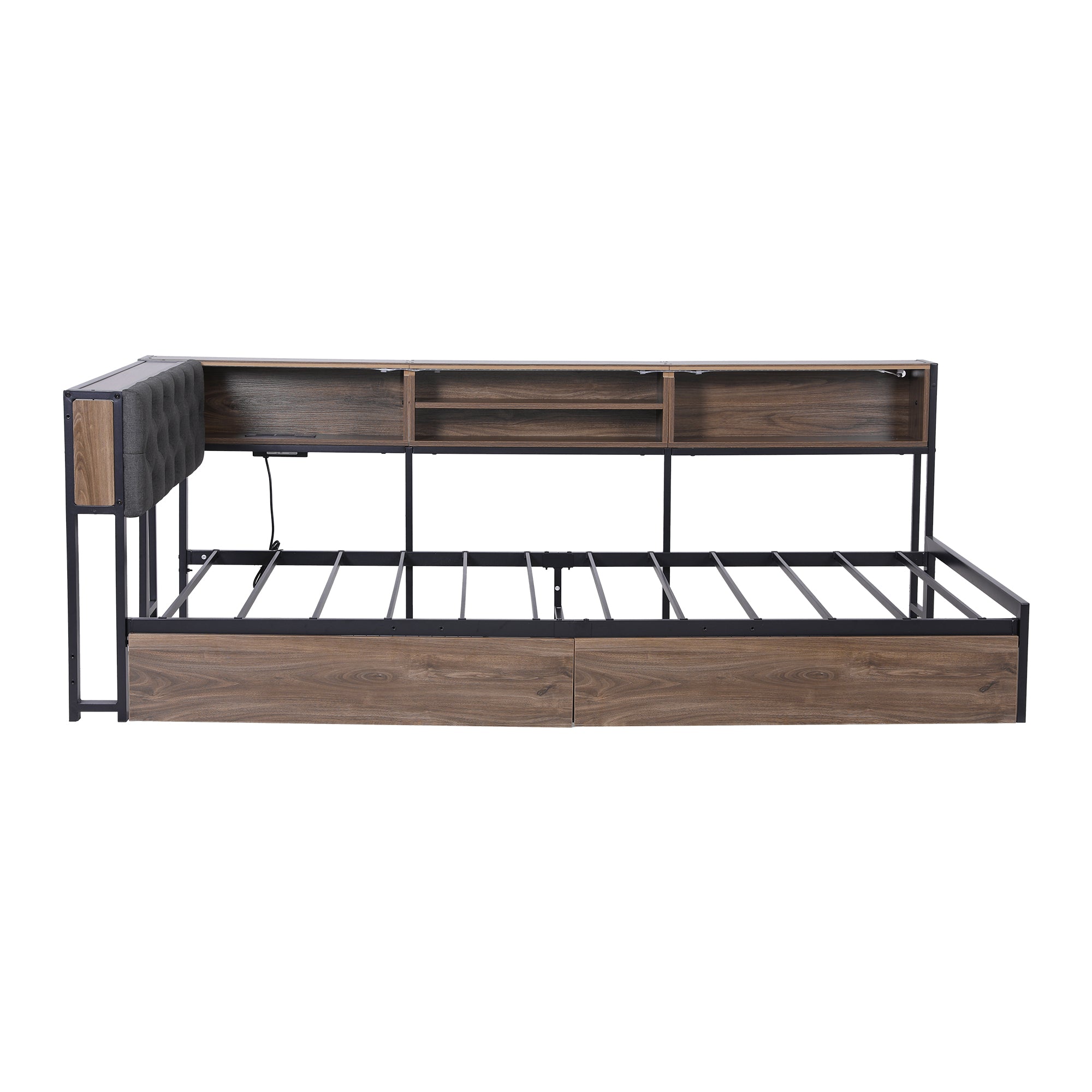 Bed Frame Single Size with 2 Drawers and Charging Station Metal Corner Bed Base