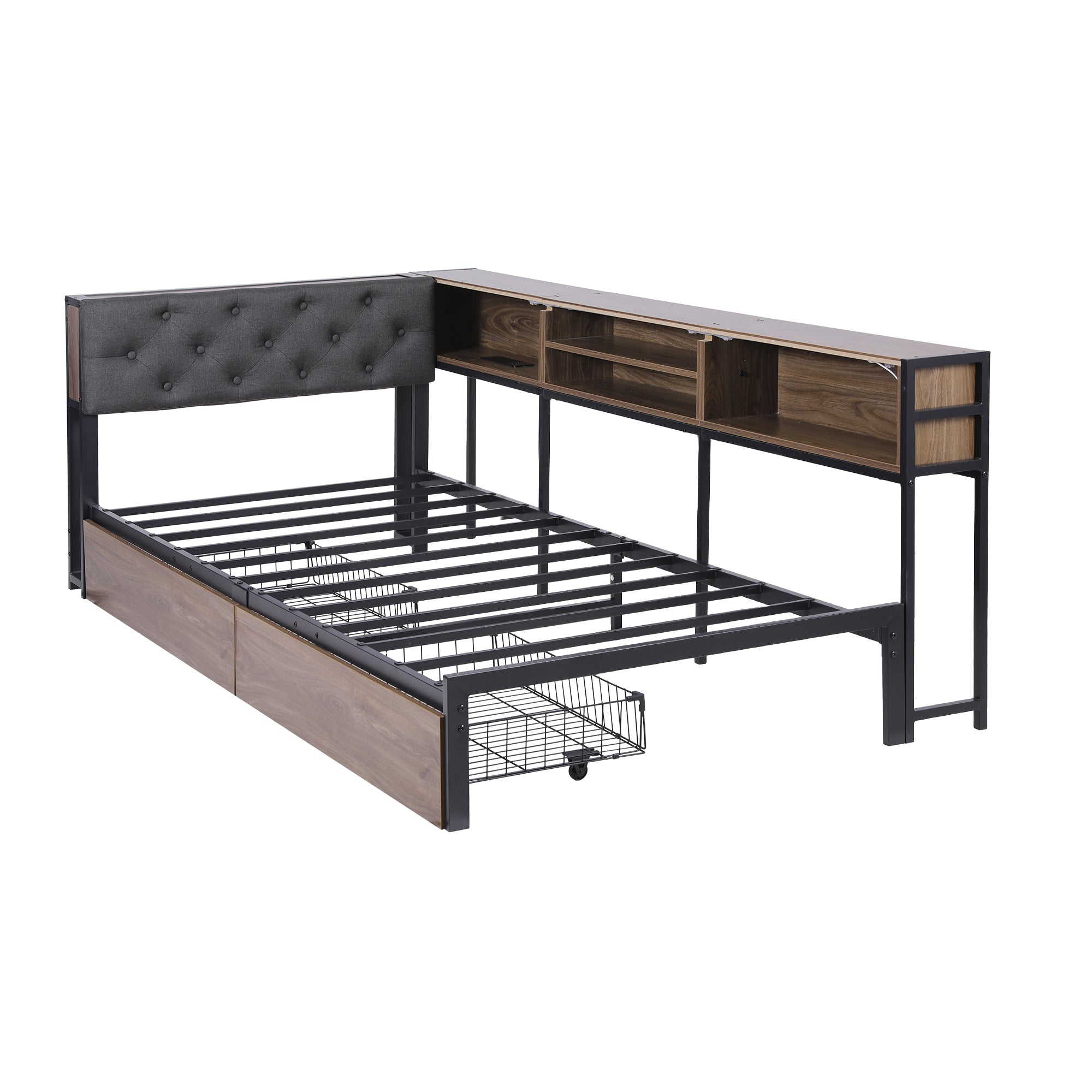 Bed Frame Single Size with 2 Drawers and Charging Station Metal Corner Bed Base