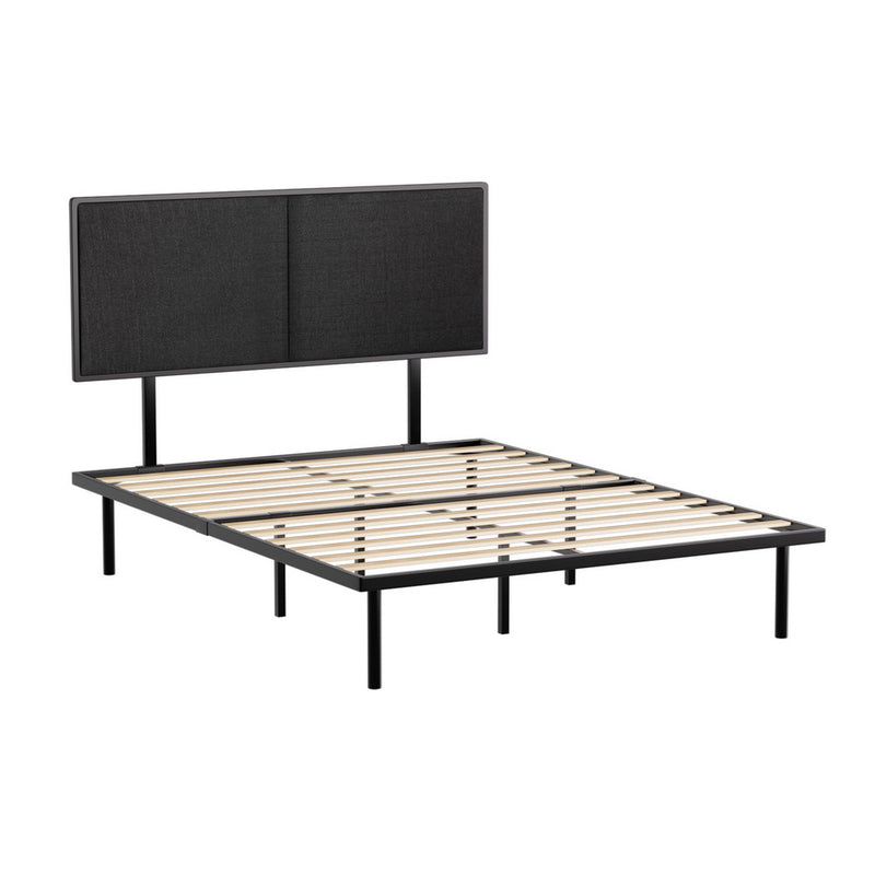 Kembla Metal Double Bed Frame Black with fabric headboard and wooden slats, modern bedroom furniture by Bedzy
